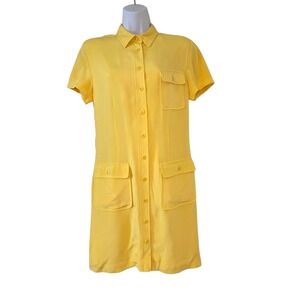 Vintage City Silk Yellow 100% Silk Short Sleeve Button Down Shirt Dress Size 6